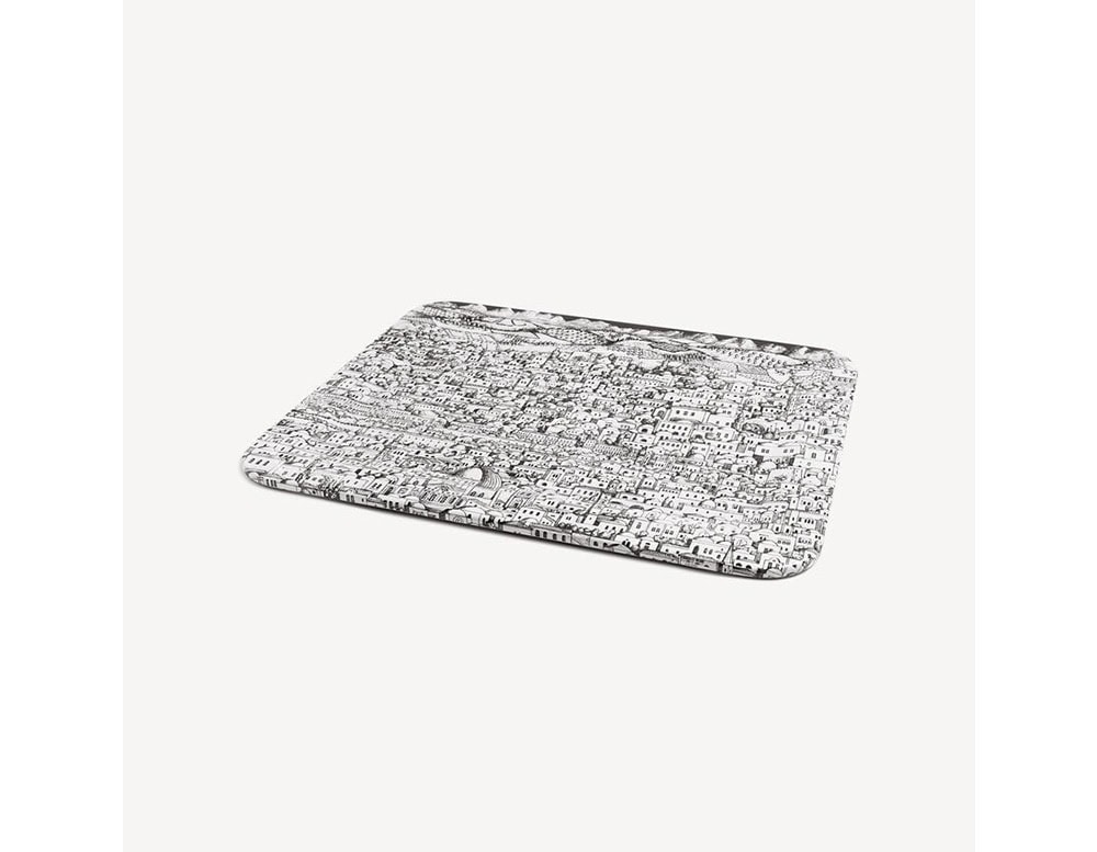 Elegant tray featuring a meticulously drawn city scene in black and white, perfect as a functional serving piece or a bold decorative accent.