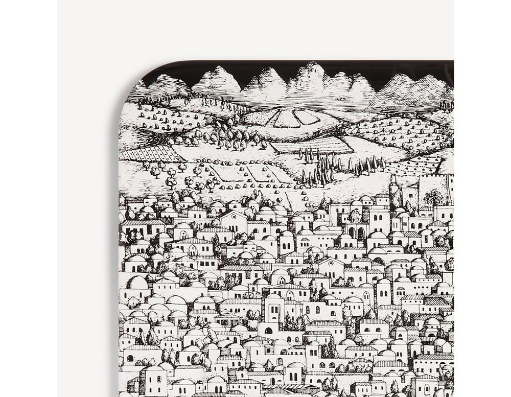 Elegant tray showcasing intricate architectural and landscape drawings in black and white, bringing a timeless and artistic touch to any setting.