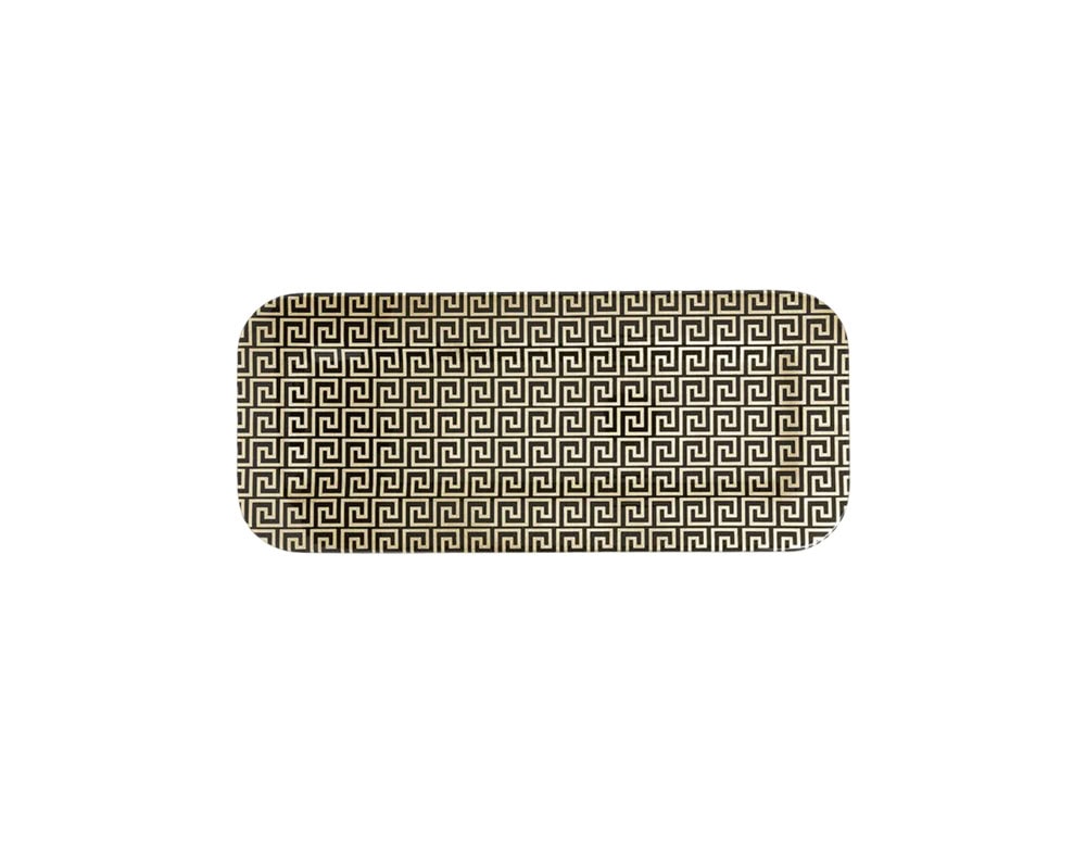 Elegant rectangular tray featuring a striking black and gold geometric pattern, ideal for serving or displaying with a luxurious touch.
