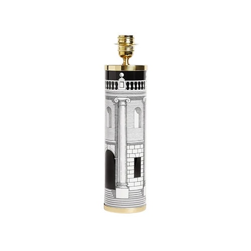 Cylindrical lamp base decorated with a detailed architectural illustration and refined gold accents, offering a timeless and elegant foundation for a custom shade.