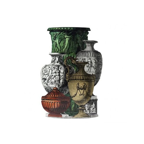 This umbrella stand showcases a striking illusion of layered antique vessels, blending bold colors and intricate patterns for a statement piece.