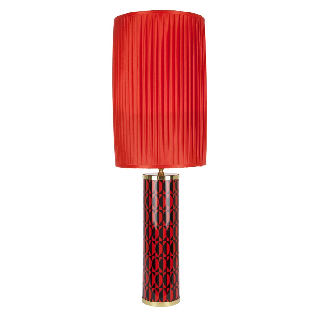 Losanghe Cylindrical Lamp with red lamp shade in front of a white background