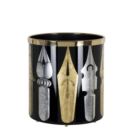 A cylindrical paper basket in glossy black adorned with gold and silver pen nib motifs, adding a whimsical yet luxurious edge to your workspace.