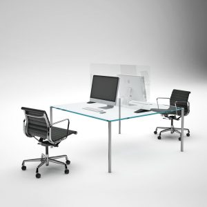 independent screen and transparent extra clear glass desk on a office background