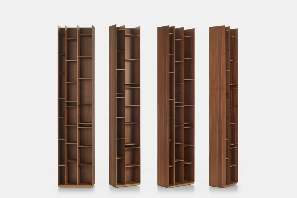 four bookcases with several shelves and plants made of Canaletto walnut wood in a brown tone on a white background