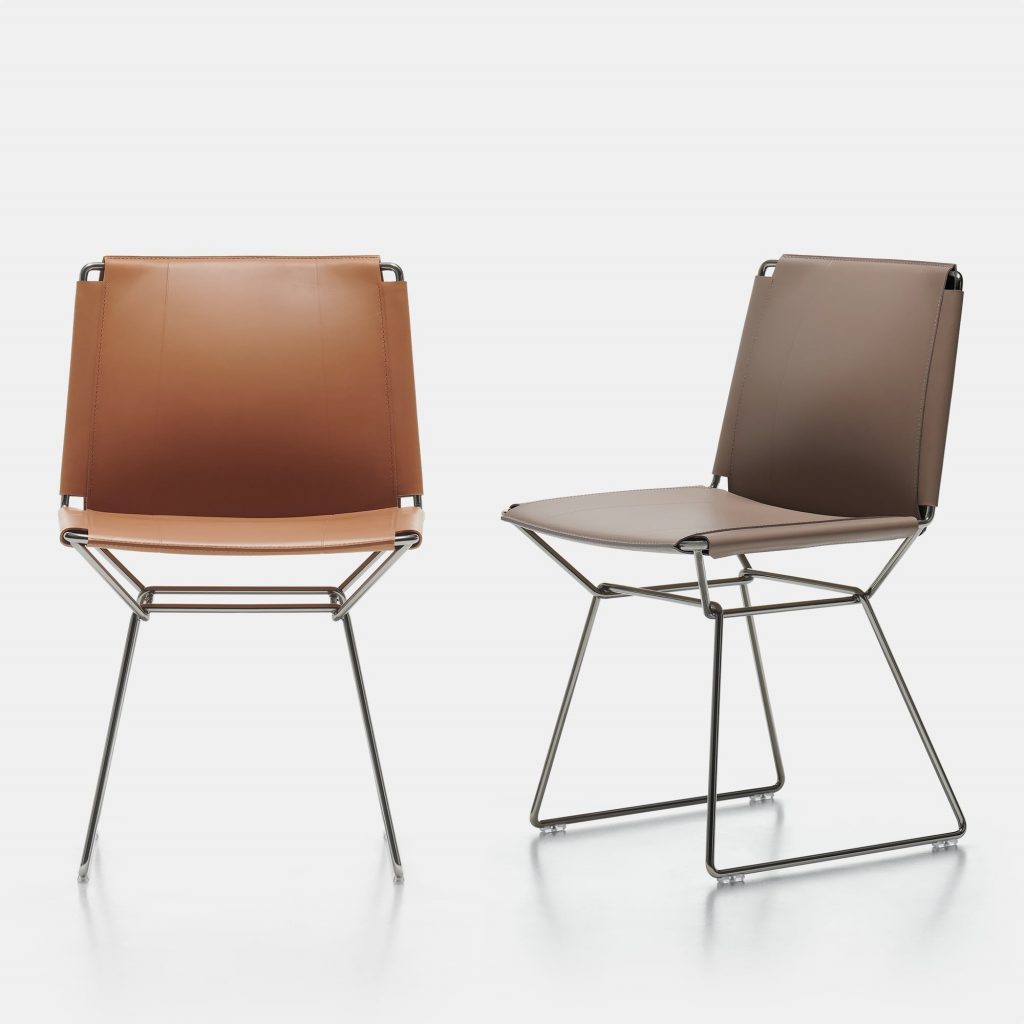 two chairs made of steel and leather seats in a brown and orange tone on a white background