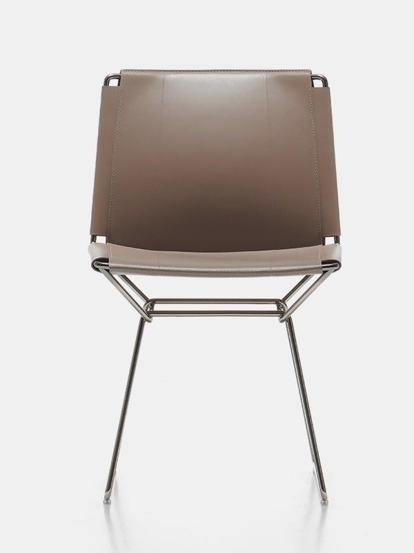 chair made of steel finished in black chrome and leather seat in a brown tone