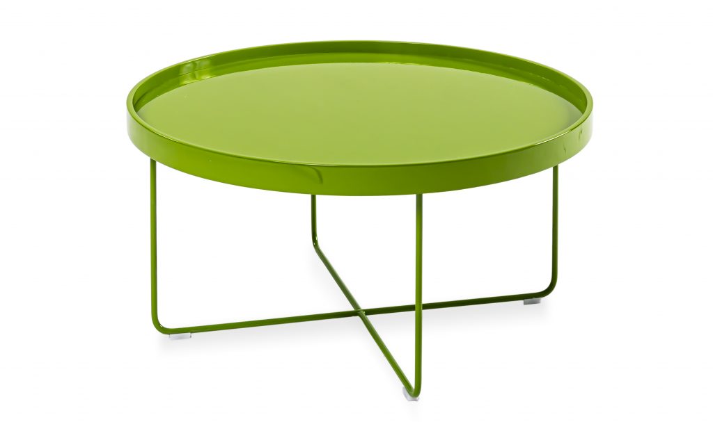 auxiliary table made of metal base all lacquered in a tone of lime green on a white background