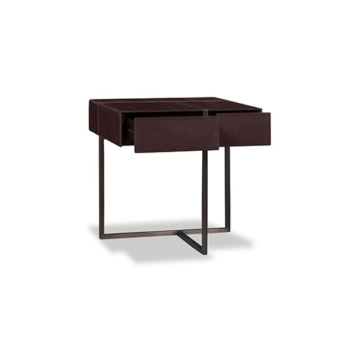 Two-drawer nightstand made of metal and covered in reddish leather