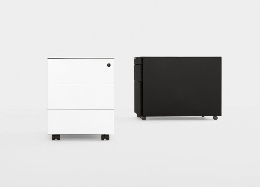 two pieces of furniture with front drawers made of metal base in black and white tones
