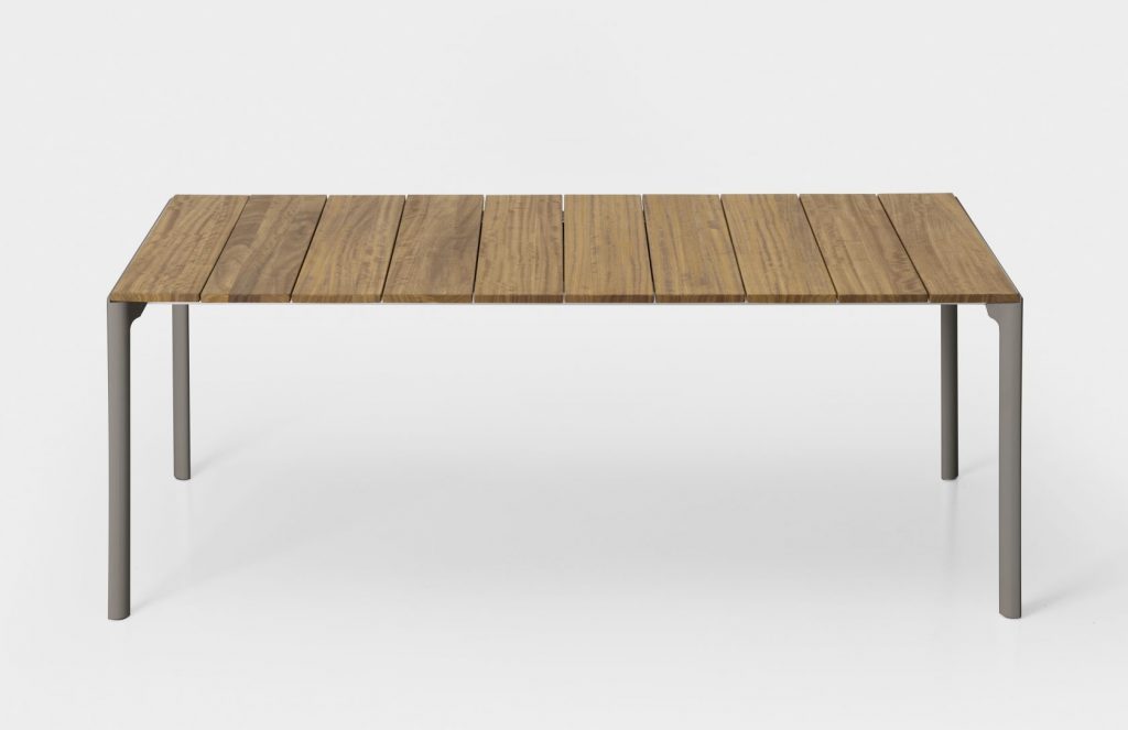rectangle-shaped table made of wooden planks and steel legs in a brown tone on a white background