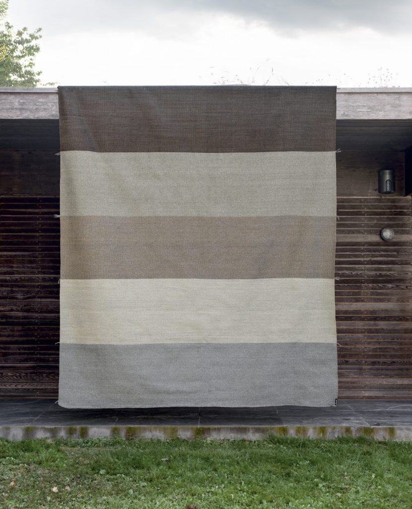 rug made of fabric base in a gray beige coffee and black tone on a outside