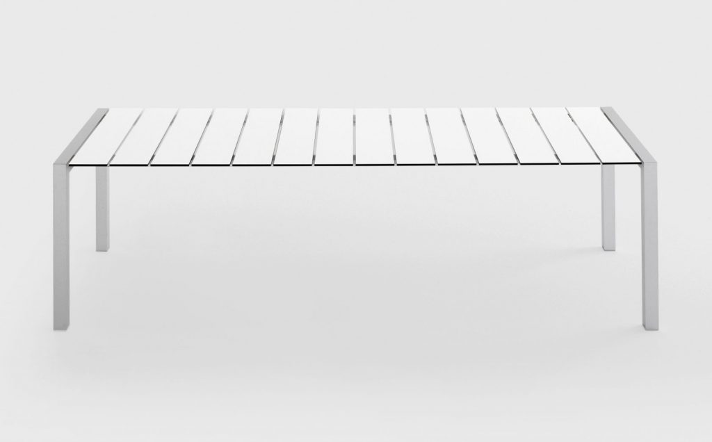 chair made of aluminum base in a gray tone and white plank top
