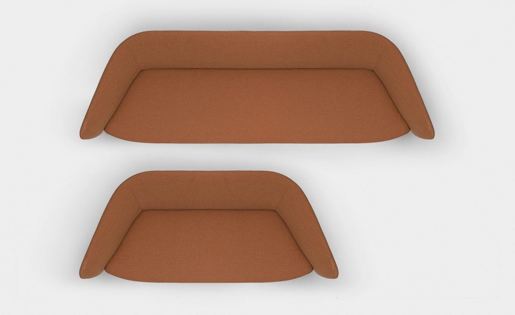 two sofas made of fabric in an orange tone with wooden parts and polyurethane foam on a white background