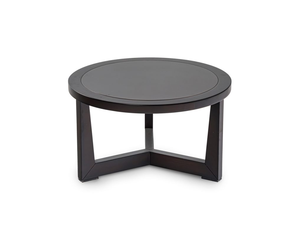 Round coffee table in beech wood with matte polyurethane finish on a white background