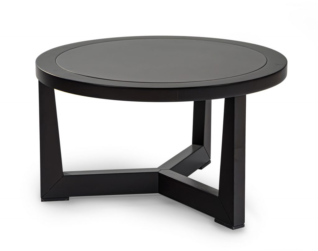 Round coffee table in beech wood with matte polyurethane finish on a white background