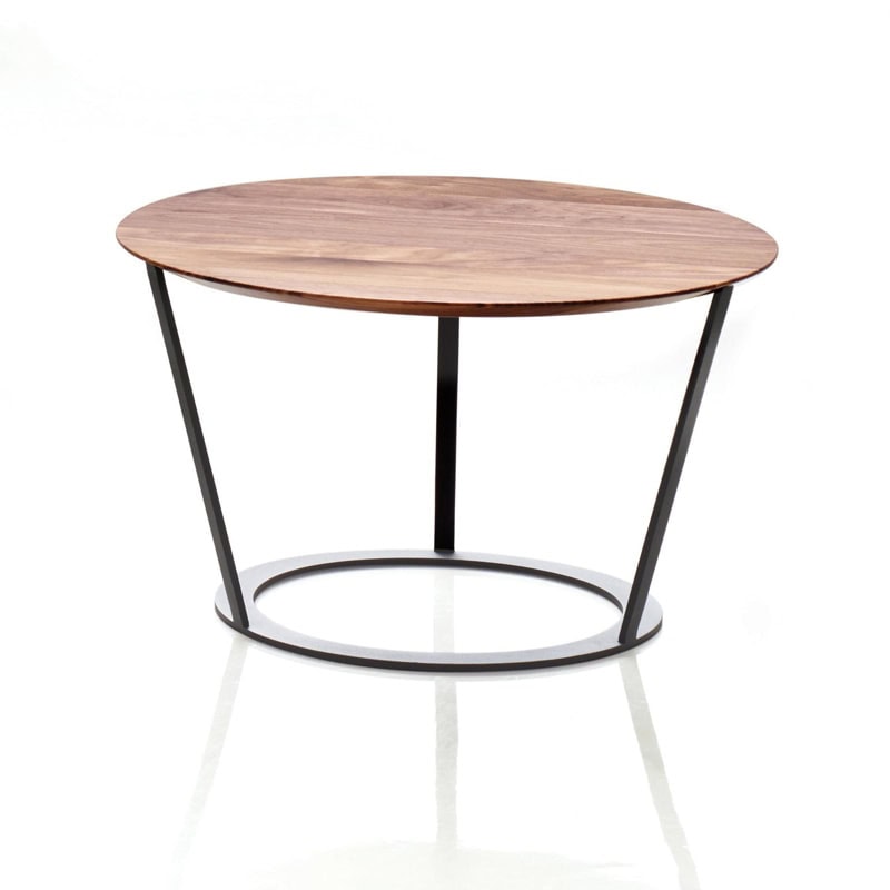 round coffee table made of metal base and walnut wood top in a light brown tone on a white background