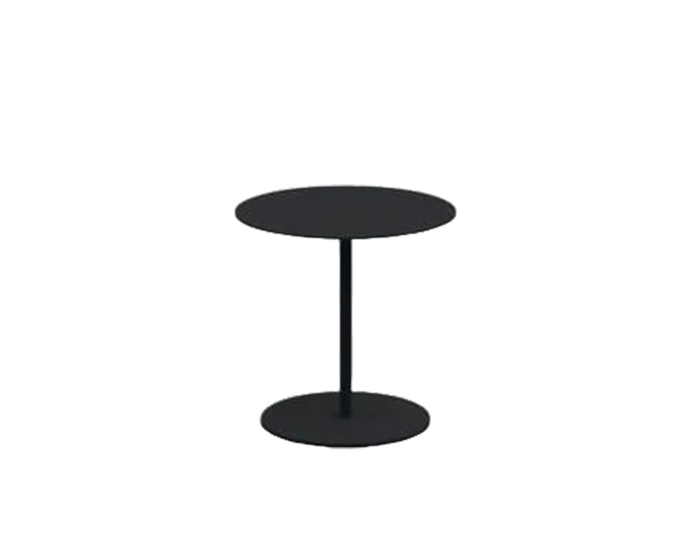 An angled view of the black outdoor coffee table, highlighting its round top, slim pedestal base, and clean modern lines.