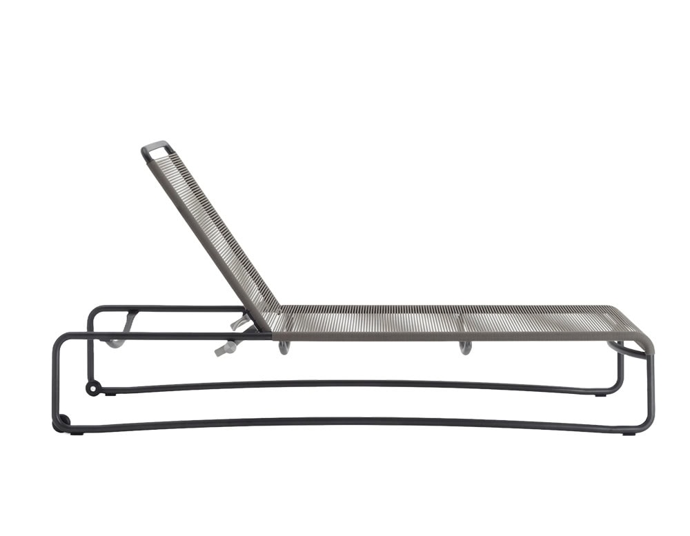 A sleek outdoor sun lounger with a black metal frame, taupe rope-wrapped seat, and an adjustable backrest on subtle wheels.