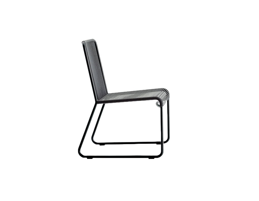 A minimalist outdoor chair with a black metal frame and tightly wrapped dark charcoal rope across the seat and backrest.