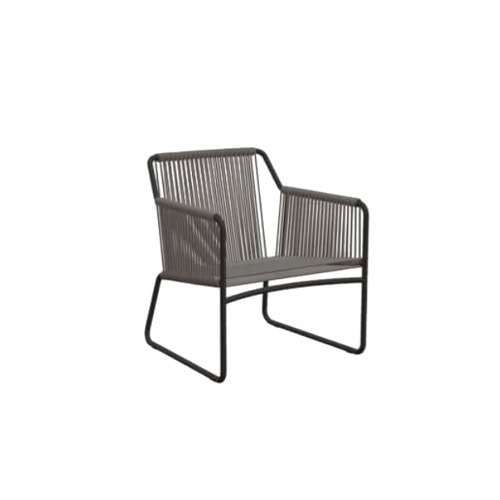 Rod Harp Chair features a sleek metal frame with finely spaced cords for a modern, airy look suited to outdoor relaxation.