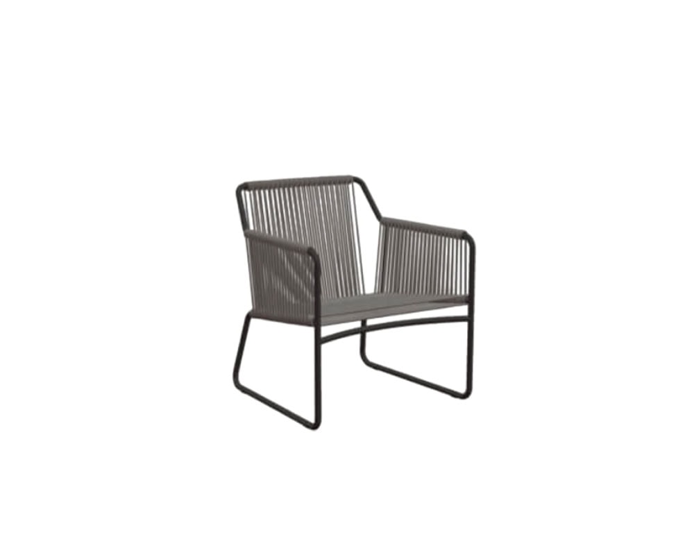 Rod Harp Chair blends clean lines with corded detailing on a sturdy metal frame, offering stylish comfort for outdoor spaces.
