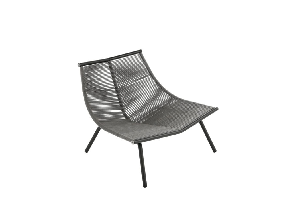 Rod Laze Chair features a sleek corded seat and airy metal frame, blending contemporary style with outdoor comfort.