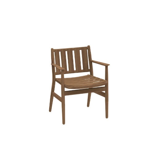 Rod Levante Chair brings classic teak craftsmanship with a slatted design and armrests, ideal for refined outdoor seating.