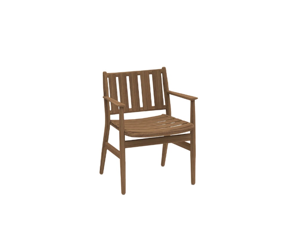 Rod Levante Chair features a solid teak frame with a slatted back and seat, offering timeless comfort and durability for outdoor settings.