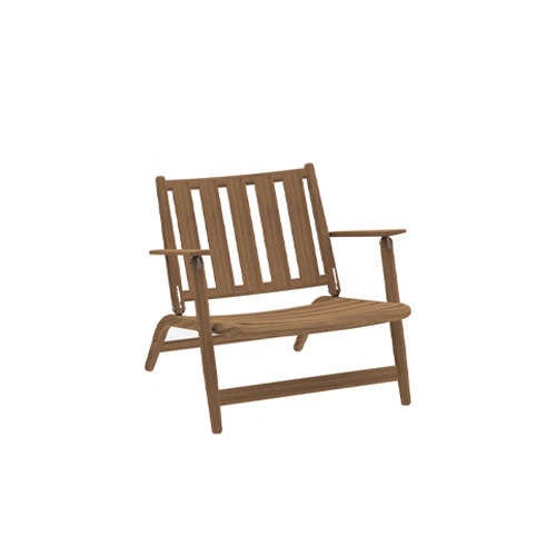 Rod Levante Lounge Chair features a slatted teak design with a gently reclined seat and armrests, offering timeless outdoor relaxation.