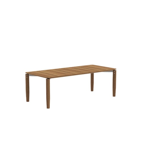 Rod Levante Table showcases a sleek teak design with a spacious rectangular top, offering timeless elegance for outdoor dining and gatherings.