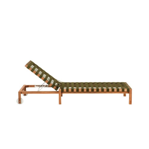 Rod Mistral Lounge Chair pairs a warm wooden frame with olive-green woven straps, offering adjustable comfort for relaxing outdoors.