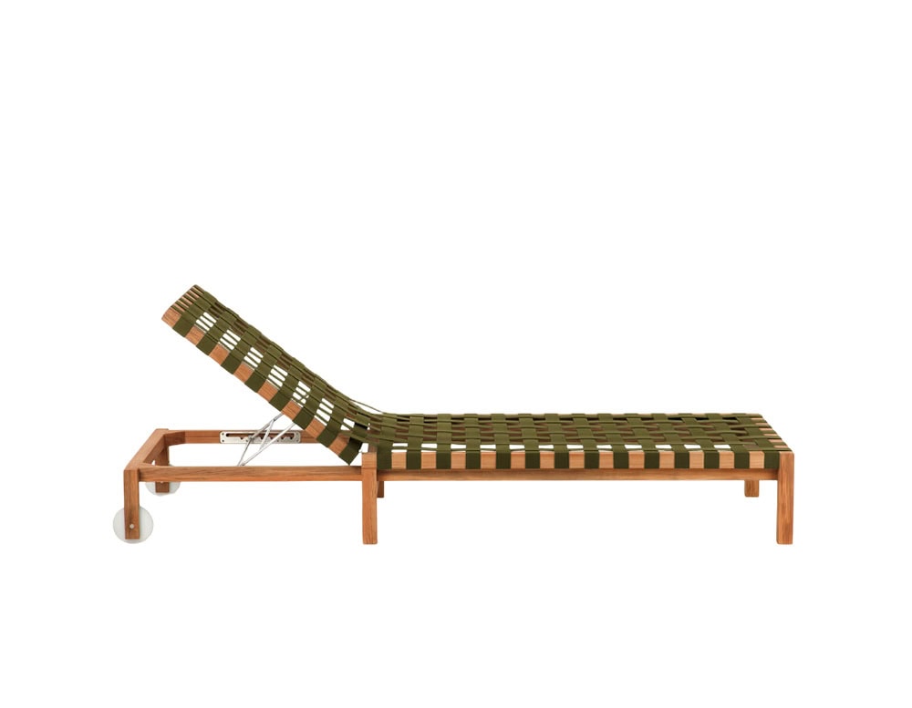 Rod Mistral Lounge Chair features a sturdy teak frame and green webbing for a refined yet casual outdoor lounge experience.