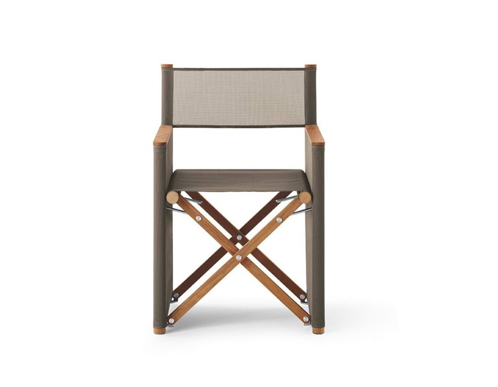 Rod Orson Chair combines a folding wood frame with a fabric backrest and seat, creating a versatile and elegant outdoor chair.