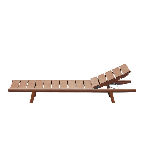 Rod Orson Lounge Chair offers a minimalist wooden frame and adjustable recline, perfect for comfortable lounging outdoors.