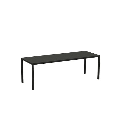 Rod Plein Air Table features a sleek black tabletop with slender legs, blending durability and modern style for outdoor use.