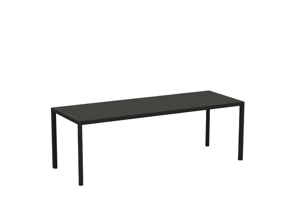 Rod Plein Air Table showcases a slim black frame with a clean, minimalist surface, perfect for contemporary outdoor settings.