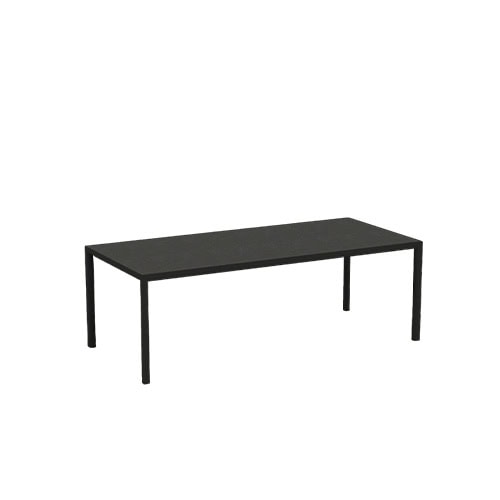 Rod Plein Air Table presents a streamlined black design with extended proportions, perfect for modern outdoor settings.
