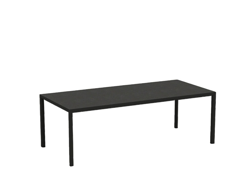 Rod Plein Air Table offers a longer black tabletop with slim legs, bringing a sleek, minimal aesthetic to outdoor dining spaces.