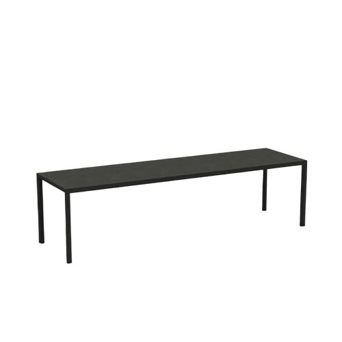 Rod Plein Air Table brings a refined minimalist look with its extended black frame, ideal for stylish outdoor dining or entertaining.
