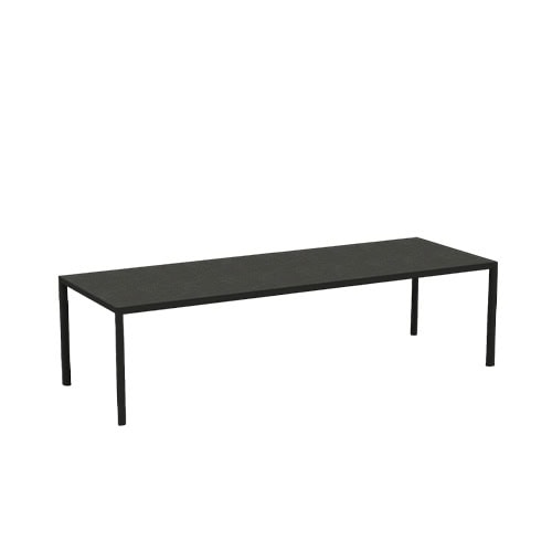 Rod Plein Air Table features a sleek black tabletop with slim legs, designed for a clean and modern outdoor aesthetic.