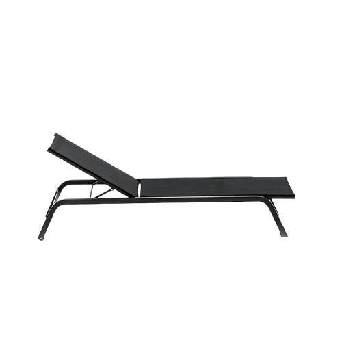 Rod Surfer Lounge Chair Outdoor features a sleek black frame with an adjustable reclining seat, offering comfort and a contemporary look for relaxing outdoors.