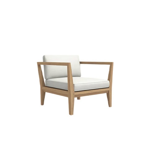 Rod Teka Sofa Outdoor blends warm teak wood with soft white cushions, offering a sleek and timeless seating option for any outdoor setting.