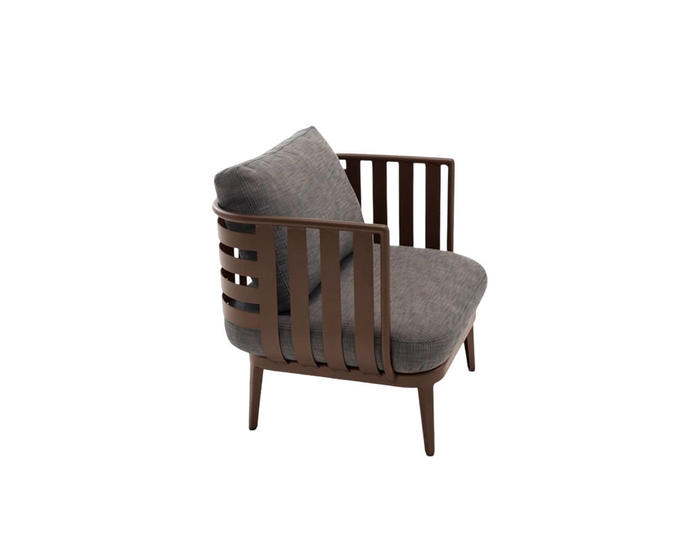 Rod Thea Sofa Outdoor presents a solid wooden frame with open slats and soft grey cushions, blending comfort and structure for elegant outdoor seating.