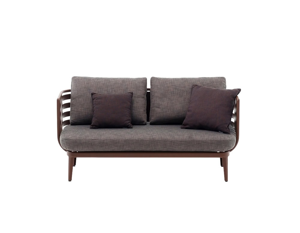 Rod Thea Sofa Outdoor features a rich wooden frame with textured grey cushions, offering a refined yet relaxed feel perfect for outdoor lounging.