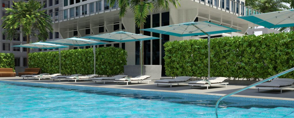 Five Ocean Master M One Cantilever canopy behind a pool