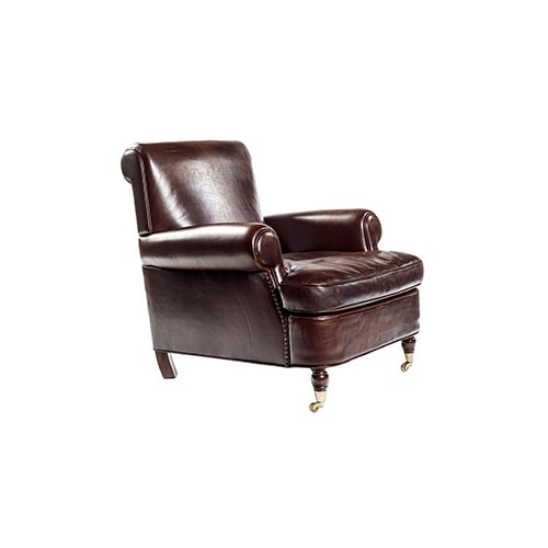 Angled view of Charlotte large armchair in brown in front of a white background