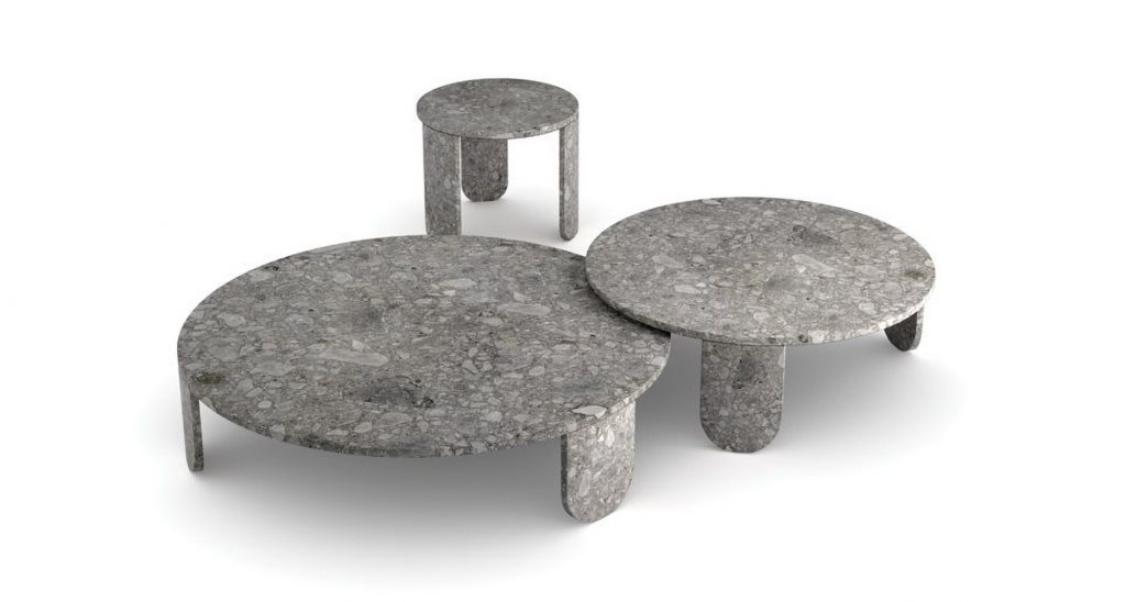 Clemo round with a grey marble finish in a large, medium, and small size in front of a white background