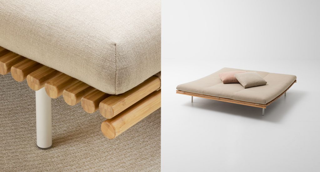 Left side of the image is a close up of Shibui Platform wood frame and cushion and the right side of the image is the full view of Shibui Platform