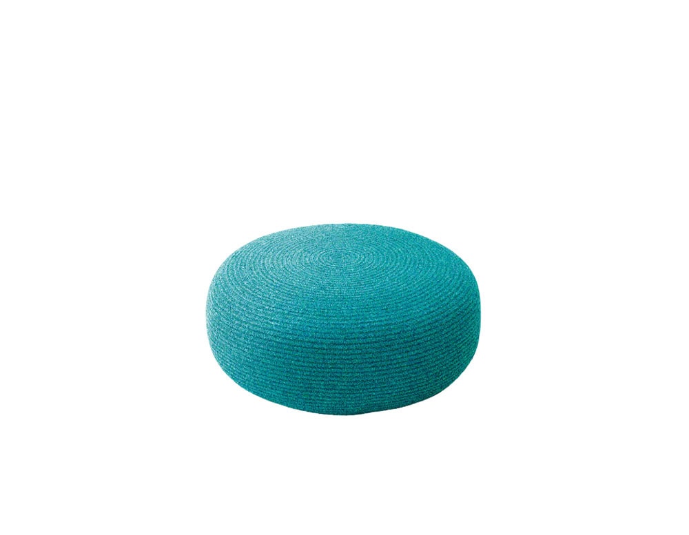 Round outdoor pouf in a refreshing turquoise weave, offering both versatility and comfort. Its compact form makes it ideal as a seat, footrest, or accent piece in modern lounge spaces.